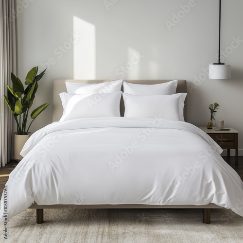 A North American style bedroom with a bed front, a white duvet cover, two white pillows 