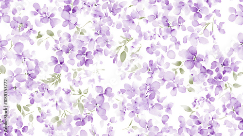Lush seamless pattern with vibrant purple flowers and green leaves on a white background. Ideal for spring-inspired wallpapers, fabrics, and decorative designs.