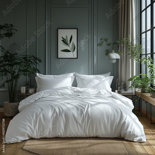 A North American style bedroom with a bed front, a white duvet cover, two white pillows 