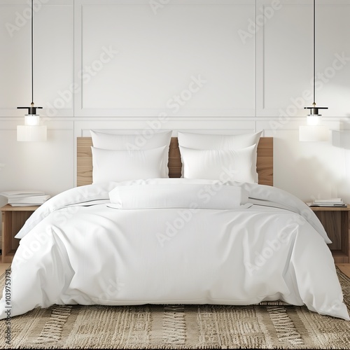 A North American style bedroom with a bed front, a white duvet cover, two white pillows  photo