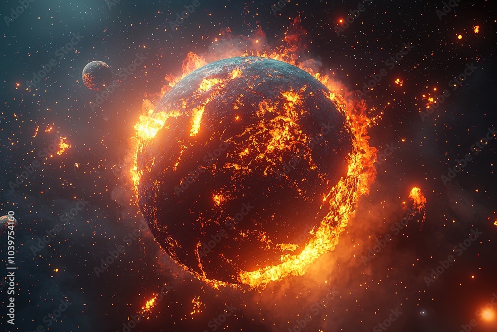 Exploding burning planet in flames and fire in cosmos with stars and ...