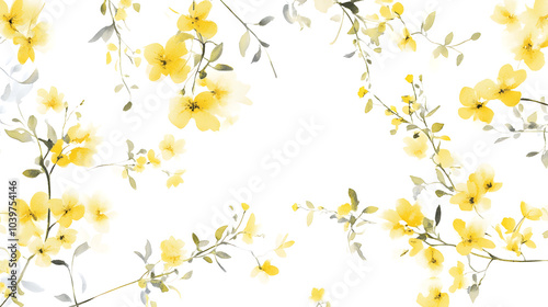 Cheerful seamless pattern featuring bright yellow flowers and green branches on a white background. Ideal for spring and summer designs, wallpapers, and textiles.