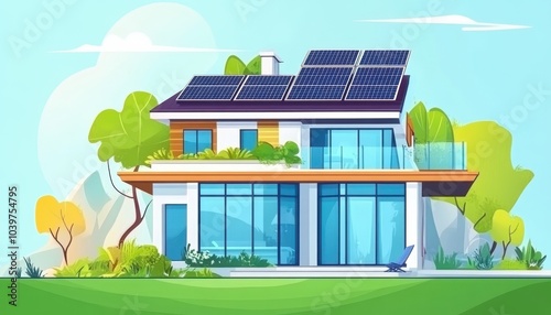 Renewable energy concept. Modern residential cottage with solar panels on the roof 