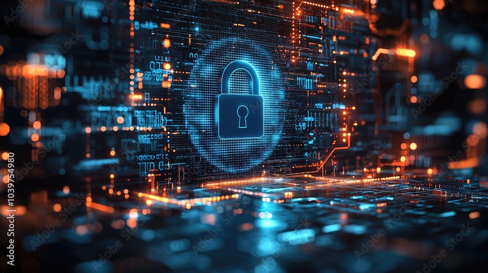 Obraz premium Abstract background with a blue padlock and binary code on a digital screen, representing the concept of cyber security. be used for web design or a social media banner. 