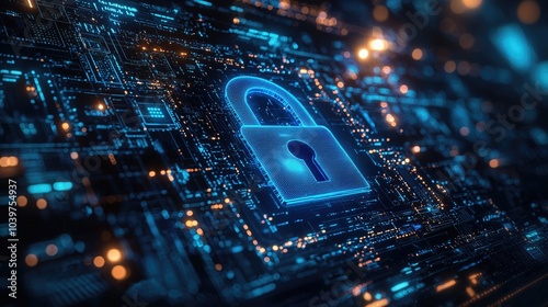 Abstract background with a blue padlock and binary code on a digital screen, representing the concept of cyber security. be used for web design or a social media banner. 