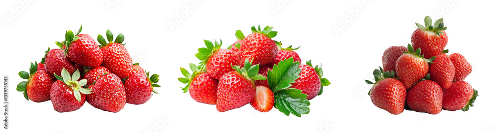 Set of ripe Strawberry with half slice and green leaves in different views isolated on background, popular juicy berry fruit for healthy. Set of ripe Strawberry with half slice and green leaves in different views isolated on background, popular juicy berry fruit for healthy.