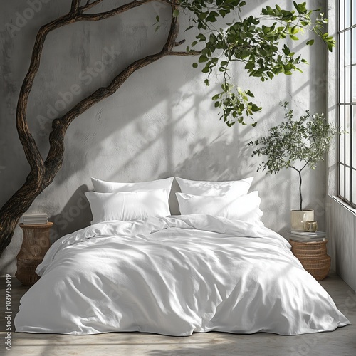 a basic thin white twin sized duvet cover, two pillows, the is white and a mockup style bedroom, photo real image, grey details