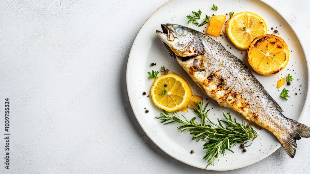 Grilled fish served with lemon slices and herbs on white plate Grilled fish served with lemon slices and herbs on white plate