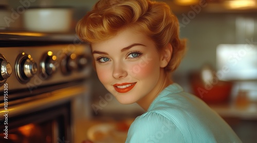 Retro Pinup Woman Smiling While Putting Something in the Oven, Wearing Classic Pinup Outfit in a Colorized Vintage Scene with Neoplasticism Art Influence and Nostalgic Vibes photo