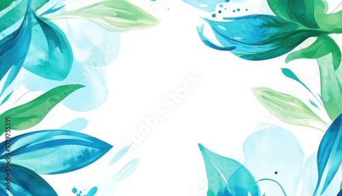 Emerald and sky blue swashes, watercolor paint abstract border frame for design layout, isolated on a background