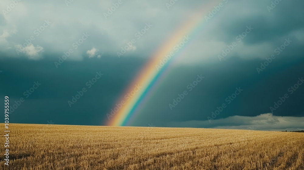 Vibrant rainbow arcs over golden wheat field under dark stormy sky Vibrant rainbow arcs over golden wheat field under dark stormy sky