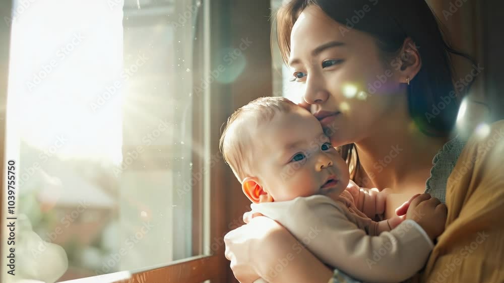 A woman is holding a baby in her arms. The baby is smiling and looking up at the woman. Concept of warmth and love between the mother and child A woman is holding a baby in her arms. The baby is smiling and looking up at the woman. Concept of warmth and love between the mother and child