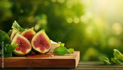 Halved juicy figs, topped with honey, served with cheese, arranged on a wooden tray, blurred background, garden atmosphere. photo