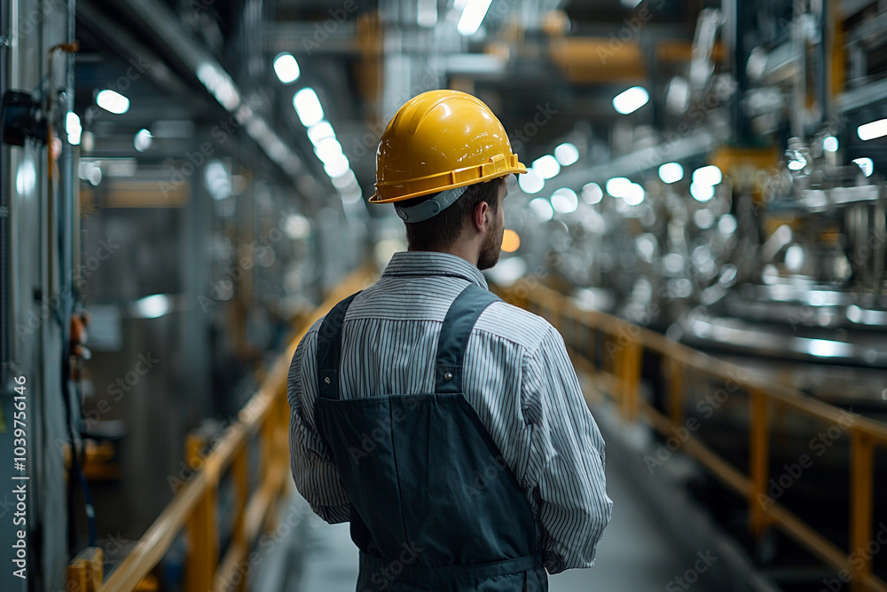 Worker in a safety helmet inspecting a manufacturing facility at dusk Worker in a safety helmet inspecting a manufacturing facility at dusk