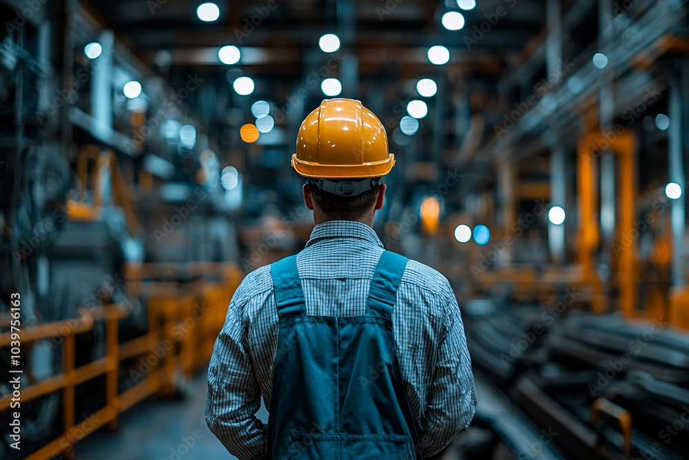 Worker in a safety helmet observing machinery in a factory setting Worker in a safety helmet observing machinery in a factory setting