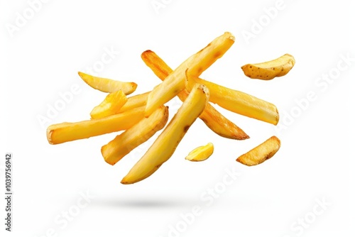 Isolated French fries falling on white background with clipping path