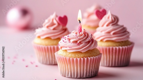 Sweet Cupcakes with Pink Frosting and Candle