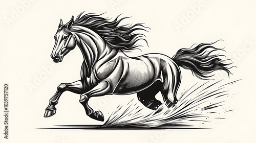 Simple outline of a horse in mid-run, minimalist line art on a white background, capturing the energy and power in each stride, smooth and dynamic lines, hd quality, soft strokes, clean composition. photo