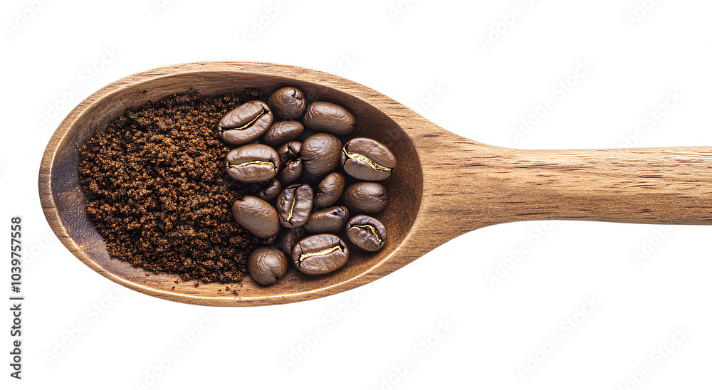 A wooden spoon filled with coffee beans and grounds. A wooden spoon filled with coffee beans and grounds.