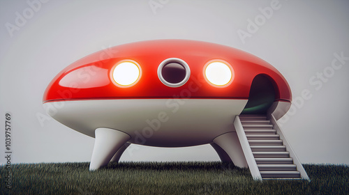 Fototapeta Naklejka Na Ścianę i Meble -  Cute retro red spaceship with glowing lights and stairs in grassy yard