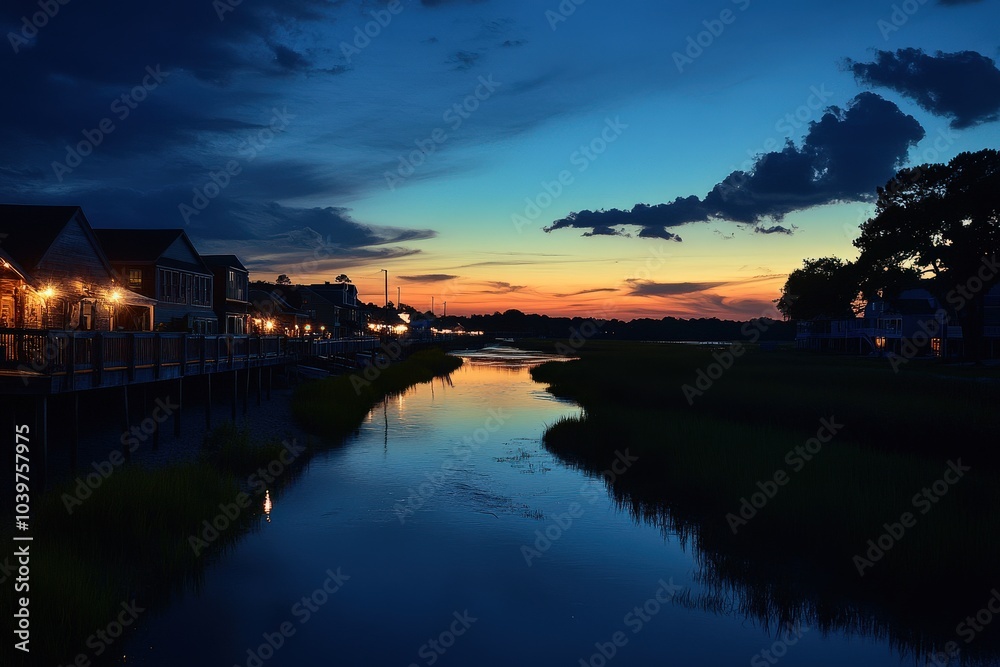 Obraz premium Mount Pleasant Sunset: Shem Creek Night Cityscape with River and Sky View