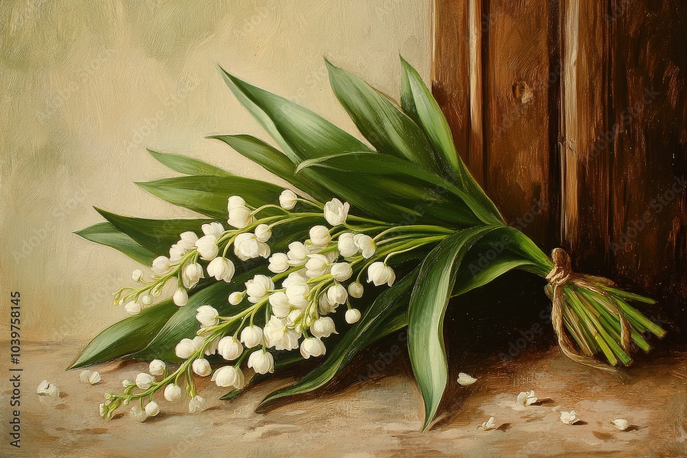 Muguet: Delicate Thrush Flower with Green Leaves, a Symbol of Luck Muguet: Delicate Thrush Flower with Green Leaves, a Symbol of Luck