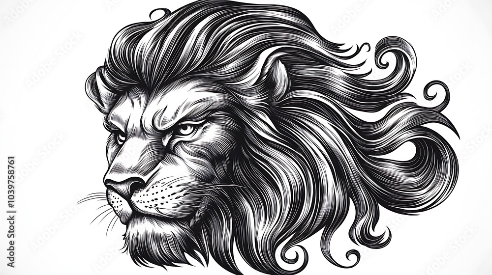 Obraz premium Simple outline of a lion’s face, with intricate details on the mane and powerful eyes, minimalist line art on a pure white backdrop, fine lines capturing the lion's regal presence, hd quality,