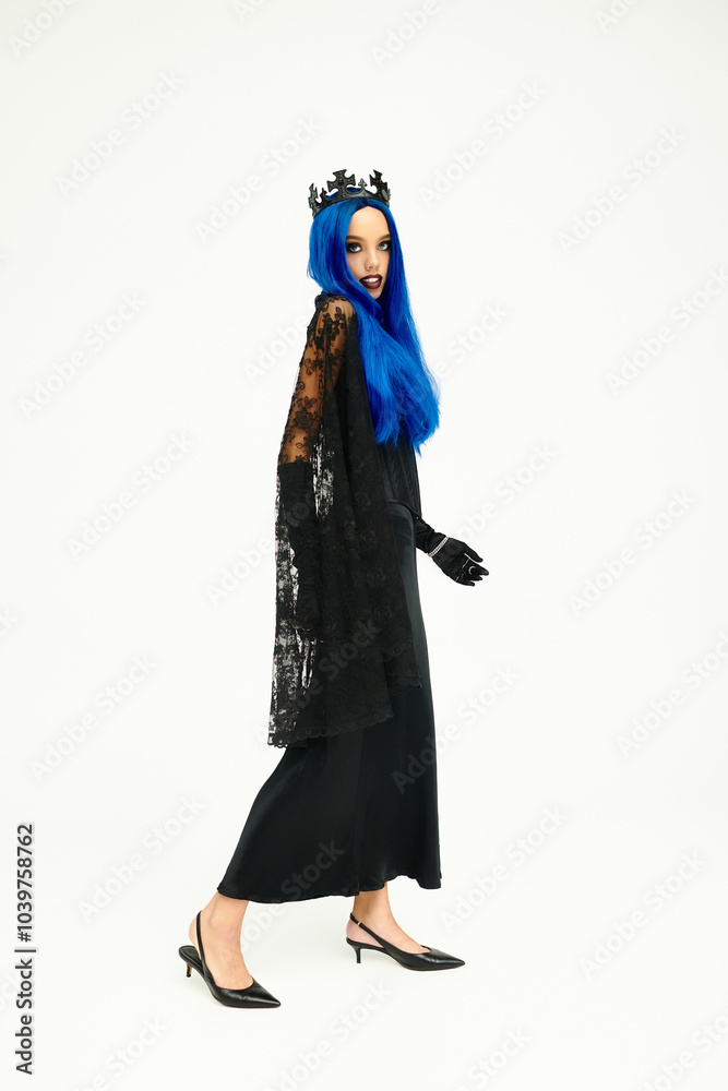 Dressed in an enchanting Halloween outfit, a young woman showcases her captivating look. Dressed in an enchanting Halloween outfit, a young woman showcases her captivating look.