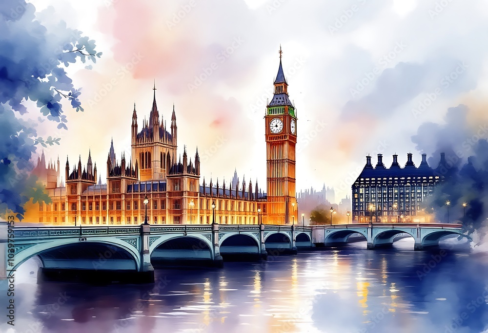 Naklejka premium Famous Big Ben in London, England, United Kingdom, ARTWORK STYLE 