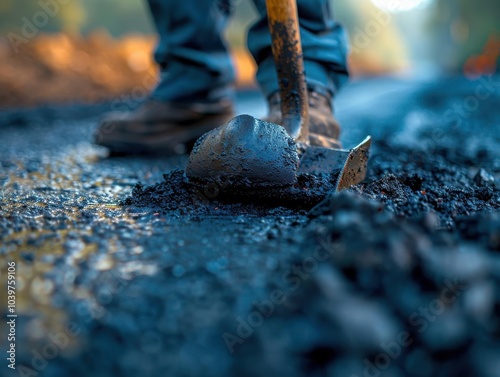 Close-up of asphalt being spread by a worker's shovel, black tar glistening under the sun, fine details of road texture and worker s boots in the frame photo