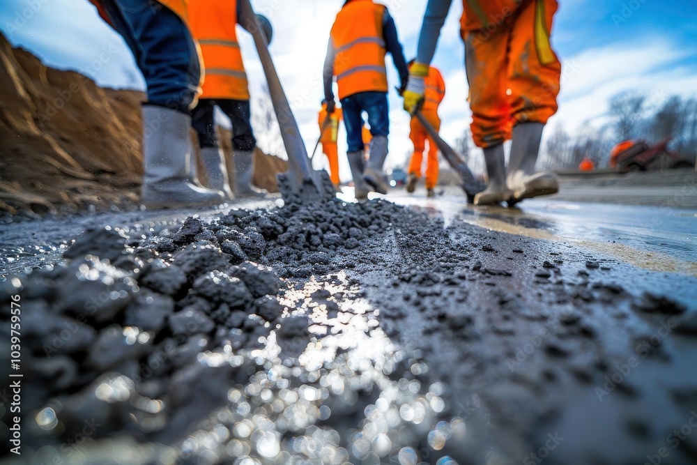 Construction workers in reflective vests and boots working on asphalt paving a road. Focus on the ground with blurred background. Construction workers in reflective vests and boots working on asphalt paving a road. Focus on the ground with blurred background.