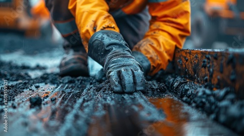 Worker's gloved hands spreading concrete on a construction site. Close-up detail, wearing high-visibility clothing, representing labor and hard work.