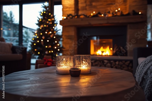 A cozy living room decorated for the holidays, featuring a crackling fire and a beautifully lit Christmas tree.