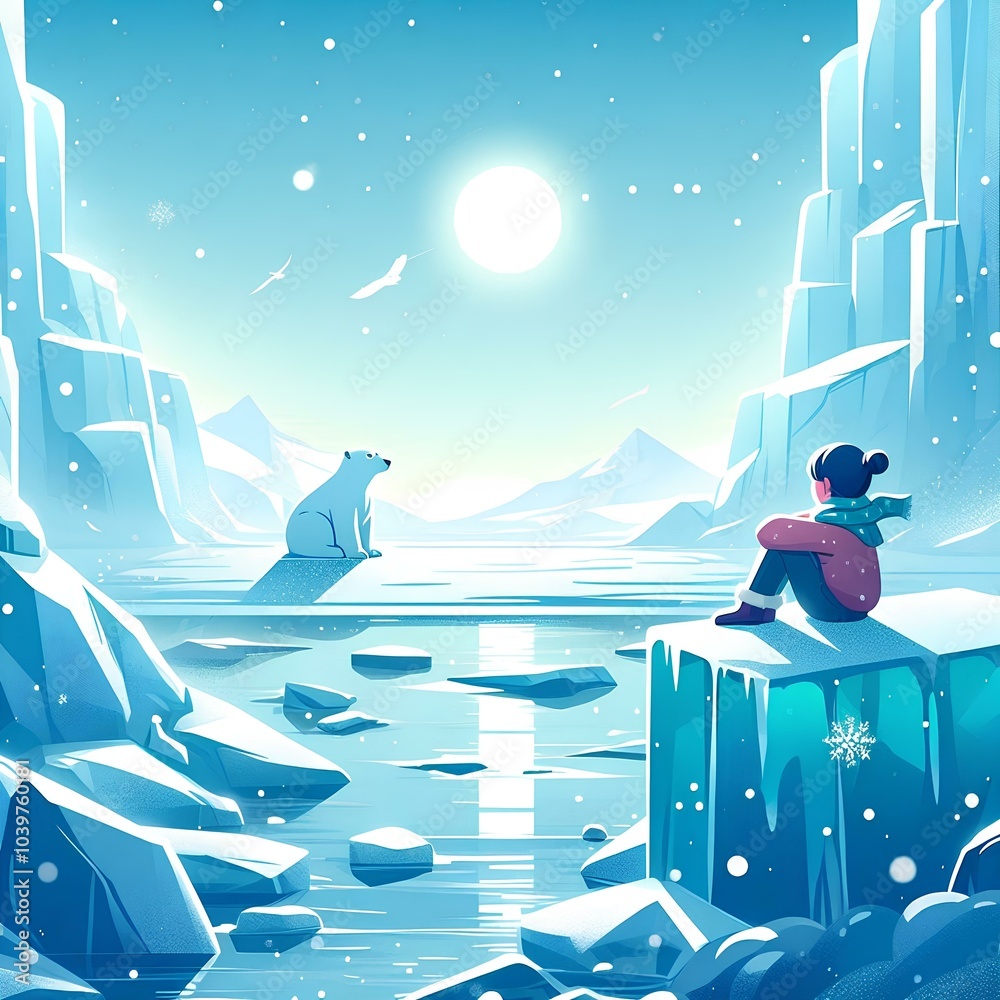 Naklejka premium a serene illustration glacier scene with a young girl sitting on a block of ice in the middle of a frozen landscape