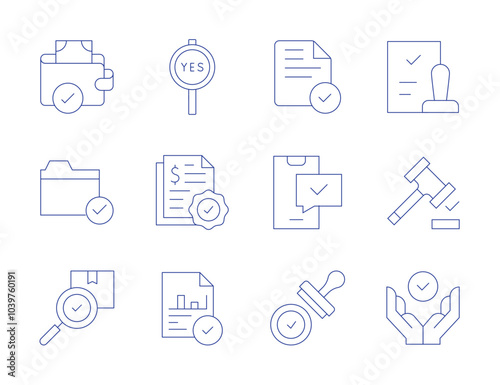 Approval icons. Thin Line style, editable stroke. approval, approve, approved, stamp, agree, payment, opinion, folder