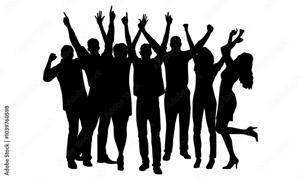 Silhouettes of People Celebrating, Group of Happy People, Party, Corporate Event, Success, Black, Holiday, Vector
