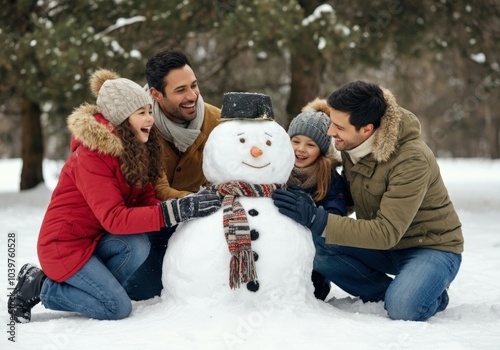 Happy family is making a snowman together in a winter forest, enjoying the snow and each other's company photo