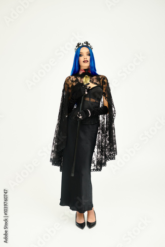The enchanting woman dons a gothic Halloween costume, exuding elegance and mystery.