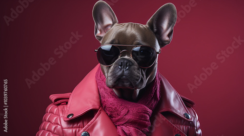 French bulldog in sunglasses wearing red jacket and scarf against red backdrop