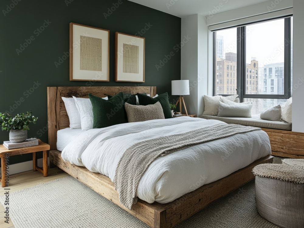Dark green accent walls paired with gray linens and natural wood furnishings create a grounded, modern space Dark green accent walls paired with gray linens and natural wood furnishings create a grounded, modern space