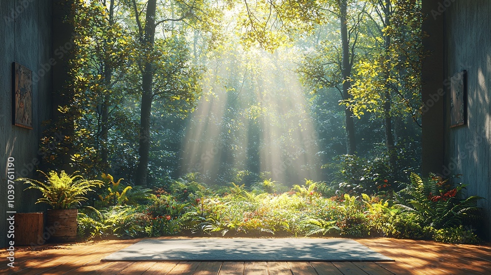 Fototapeta premium Sunbeams Through Forest Wooden Floor Green Plants Nature Background
