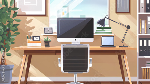 A modern home office desk with a computer, laptop, desk lamp, and a chair.