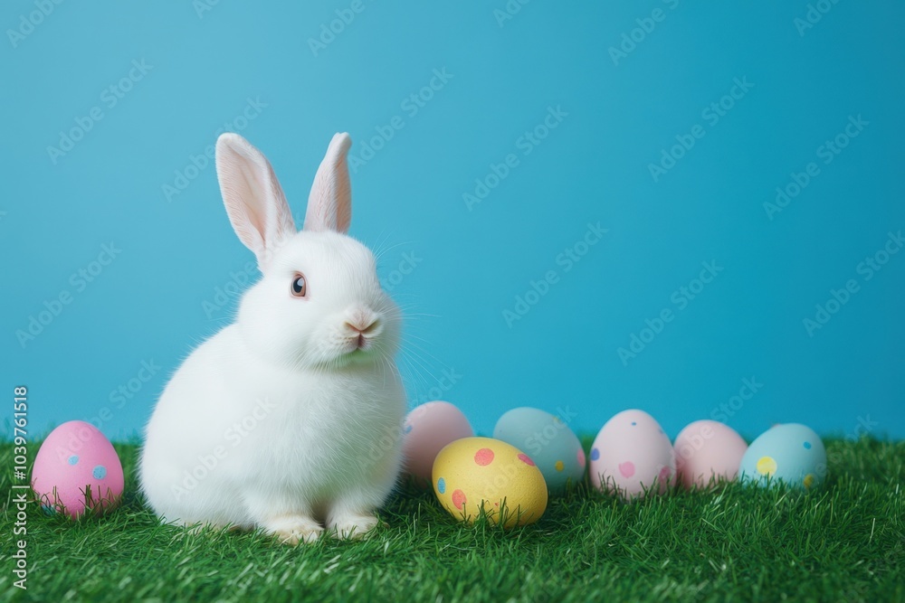 White easter bunny sitting on green grass with colorful easter eggs in the background against a blue background White easter bunny sitting on green grass with colorful easter eggs in the background against a blue background
