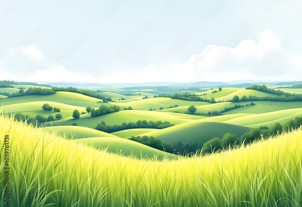 Obraz premium Beautiful watercolor image of meadows and blue sky 
