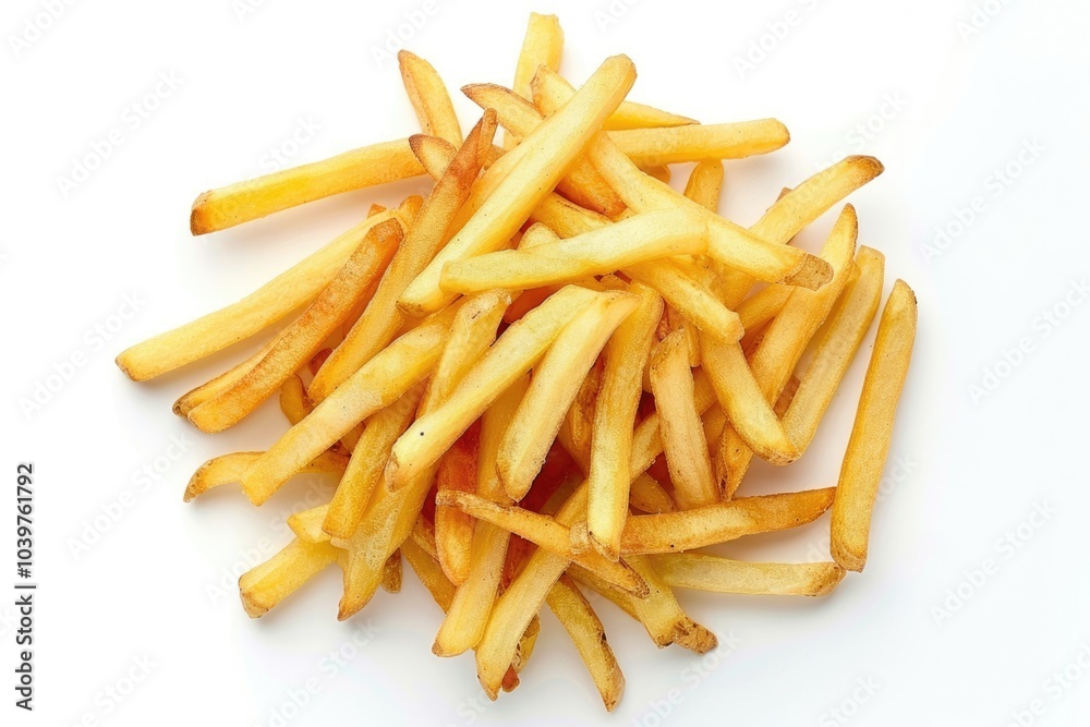Heap of french fries isolated on white background top view Heap of french fries isolated on white background top view