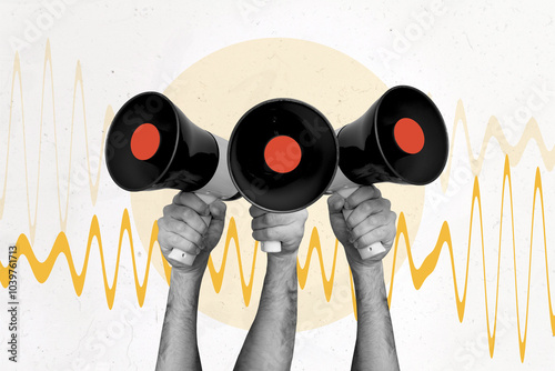 Tableau sur toile Collage picture hands body fragments hold loudspeaker bullhorn speech sound voic