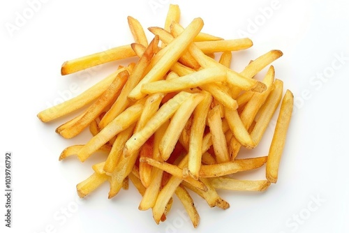 Heap of french fries isolated on white background  top view