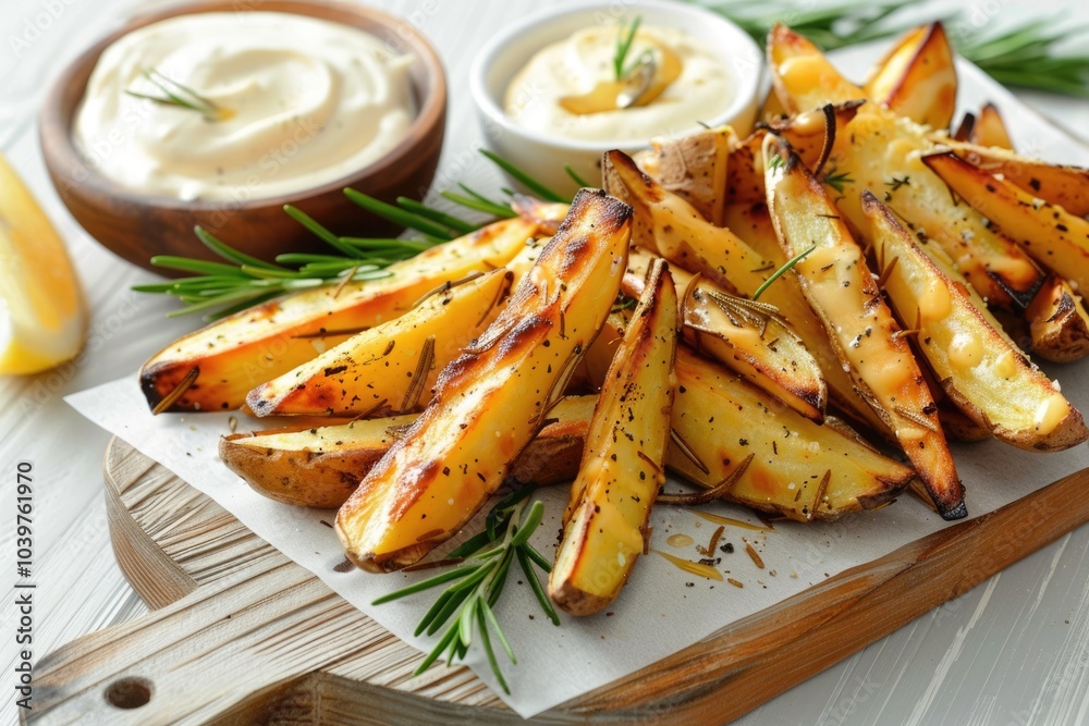 Homemade potato fries with mayo and rosemary on wooden board. Homemade potato fries with mayo and rosemary on wooden board.