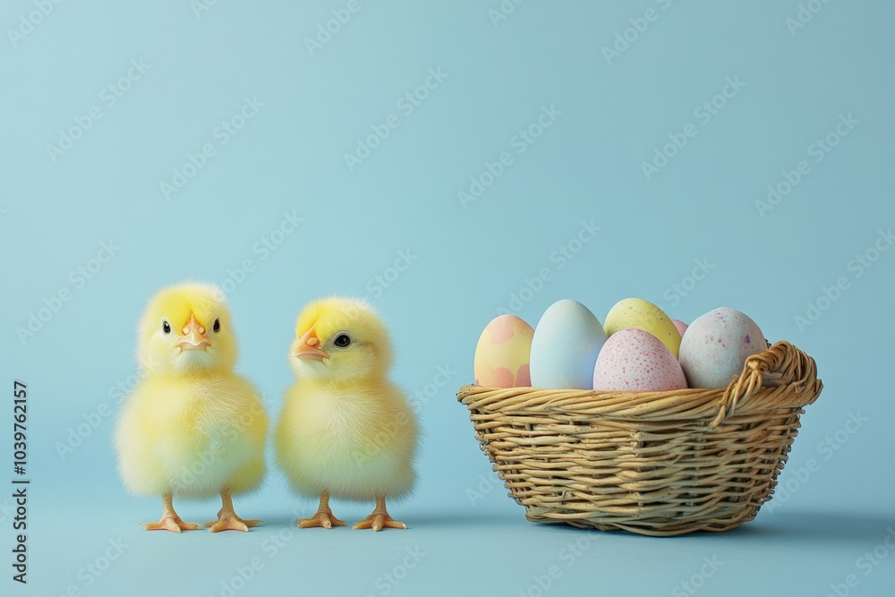 Two baby chickens standing on a blue background are looking at a basket full of colorful easter eggs
