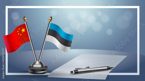 China and Estonia Small national flag on bokeh background, cooperative relationship